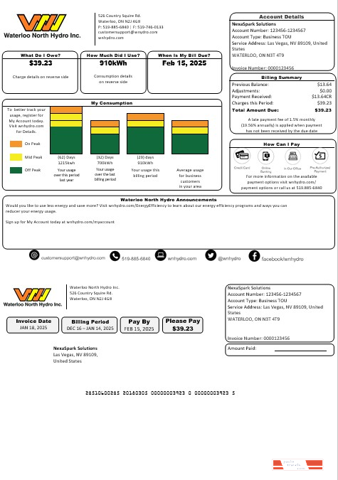 USA Nevada Waterloo North Hydro business utility bill template in Word and PDF formats